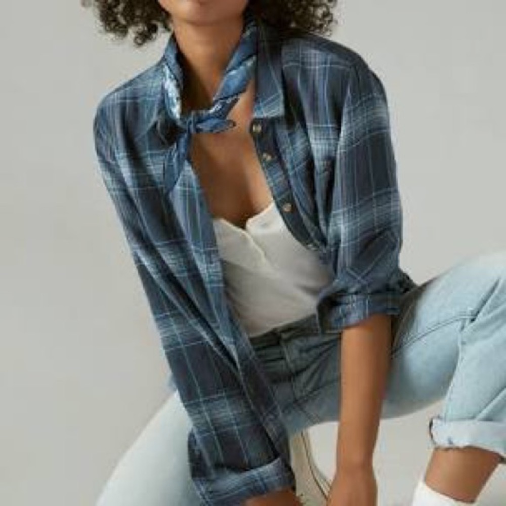 the blue shirt shop- multi colored blue flannel with frilled edge, size medium